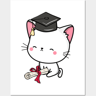 Funny White cat is graduating Posters and Art